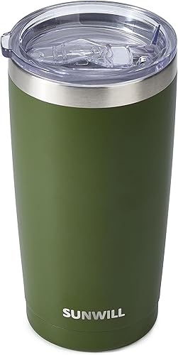 SUNWILL Vaso de café de viaje de 20 onzas, taza aislada con tapa, taza de acero inoxidable para exteriores, con recubrimiento en polvo, color oliva