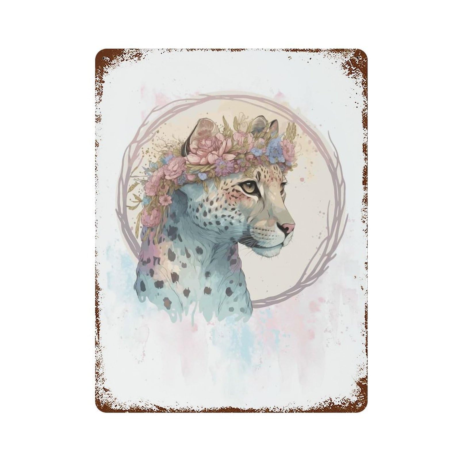 Flower Crown Cheetah Art Retro Metal Sign 15.7"x11.8", for Bistro, Counter And Cafe Decor, Rustic Home Decor