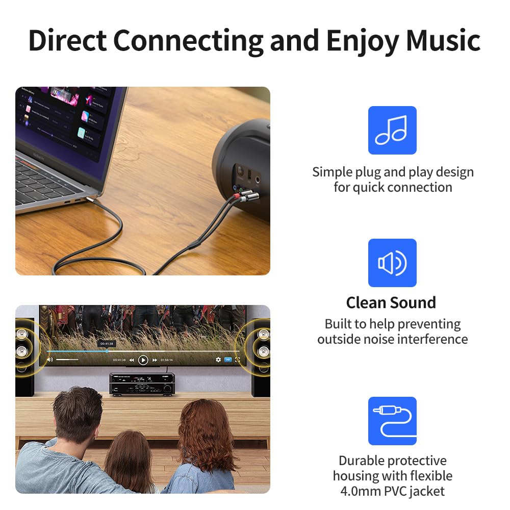 Adapterkabel, 3,5 mm auf 2 Cinch-Stecker, 5 m, Aux TRS 1/8 Zoll Klinke auf 2 Cinch-Stecker auf Stecker, Y-Splitterkabel für HiFi-System, Telefon, Lautsprecher, MP6, Tablet, HDTV