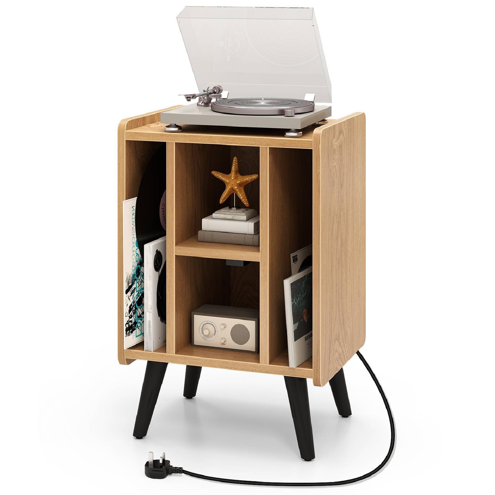 COSTWAY Record Player Stand with Charging Station, Turntable Stand End Sofa Side Table with 4 Open Shelves, Wooden Albums Vinyl Record Storage Cabinet Holder for Living Room Bedroom (Natural) — image 1