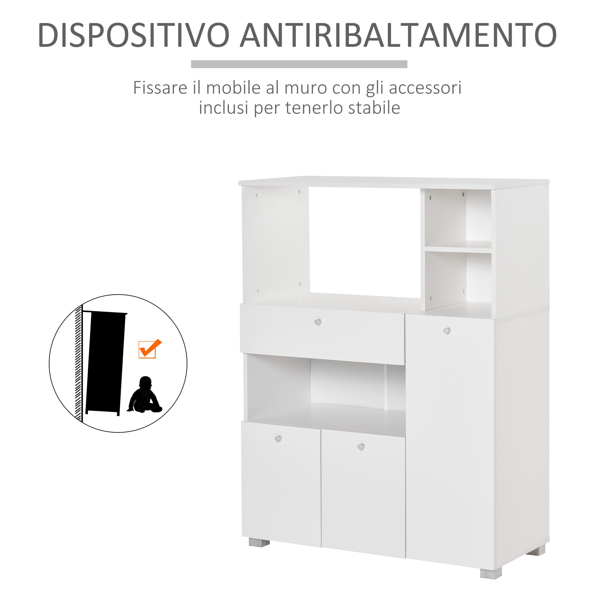 HOMCOM Credenza da Cucina per Microonde e Forno, Mobile Cucina con Armadietti, Mensole e Cassetto, Mobile Dispensa Moderna in Truciolato per Soggiorno, 90x40x120 cm, Bianco