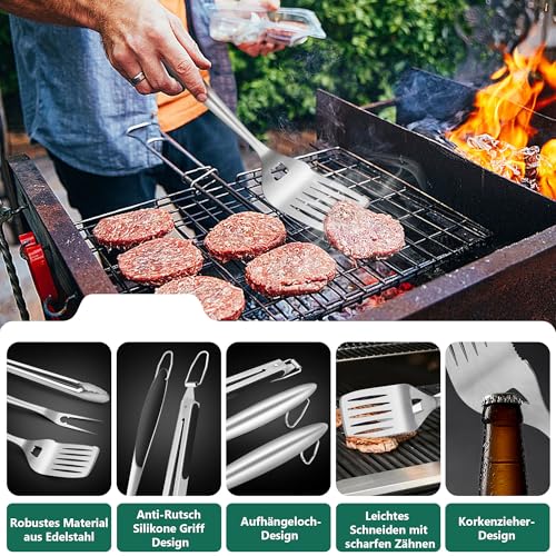 Homikit Grill Zubehör, 3-TLG Edelstahl Grillbesteck Grillwerkzeug Set, Grillzubehör mit Grillzange Pfannenwender Fleischgabel für Männer Geschenk, Grillset für Gasgrill BBQ Camping, Extra-Langen Griff