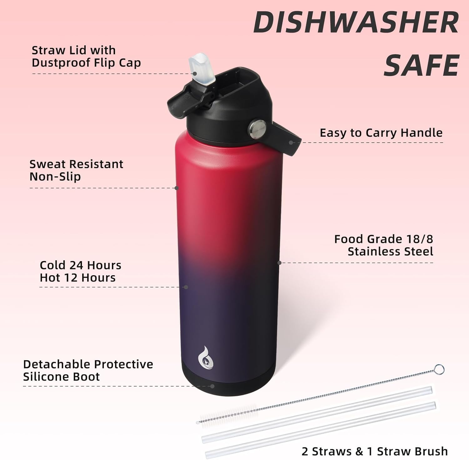 BJPKPK Insulated Water Bottle with Straw Lid, 40oz Large Thermo, BPA Free Leak Proof Stainless Steel Metal Water Bottles, Tumblers, Cups, Flasks for Travel, Sports,Charming Red - Image 3