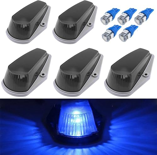 5 luces marcadoras de cabina para techo, cubiertas de lente negras + bombillas LED azules 194 168 T10 compatibles con Ford F150 F250 F350 1973-1997