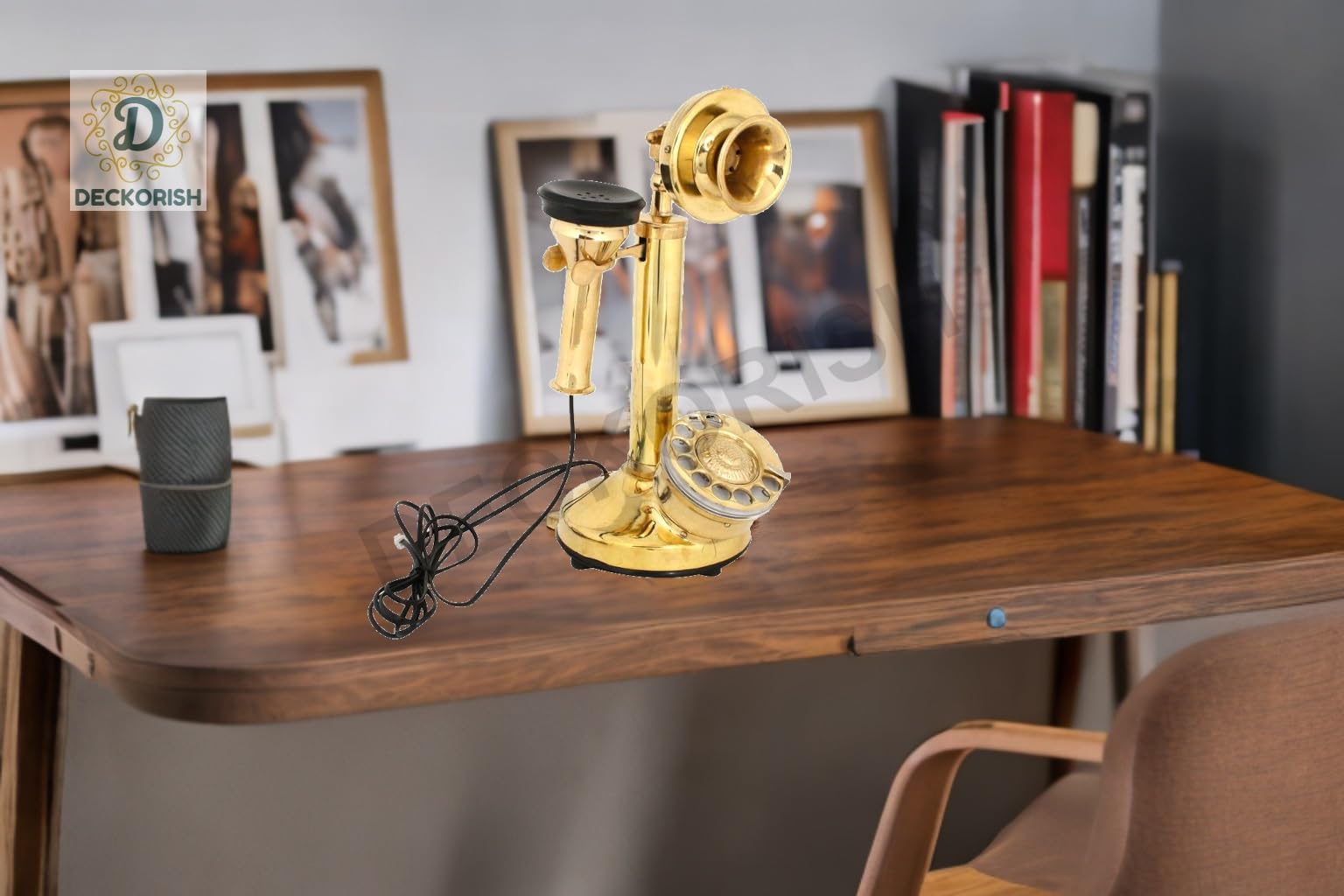 D DECKORISH Vintage Table Brass Retro Telephone Round Hand Carved Old Rotary Dial Antique Landline Telephone-image-24