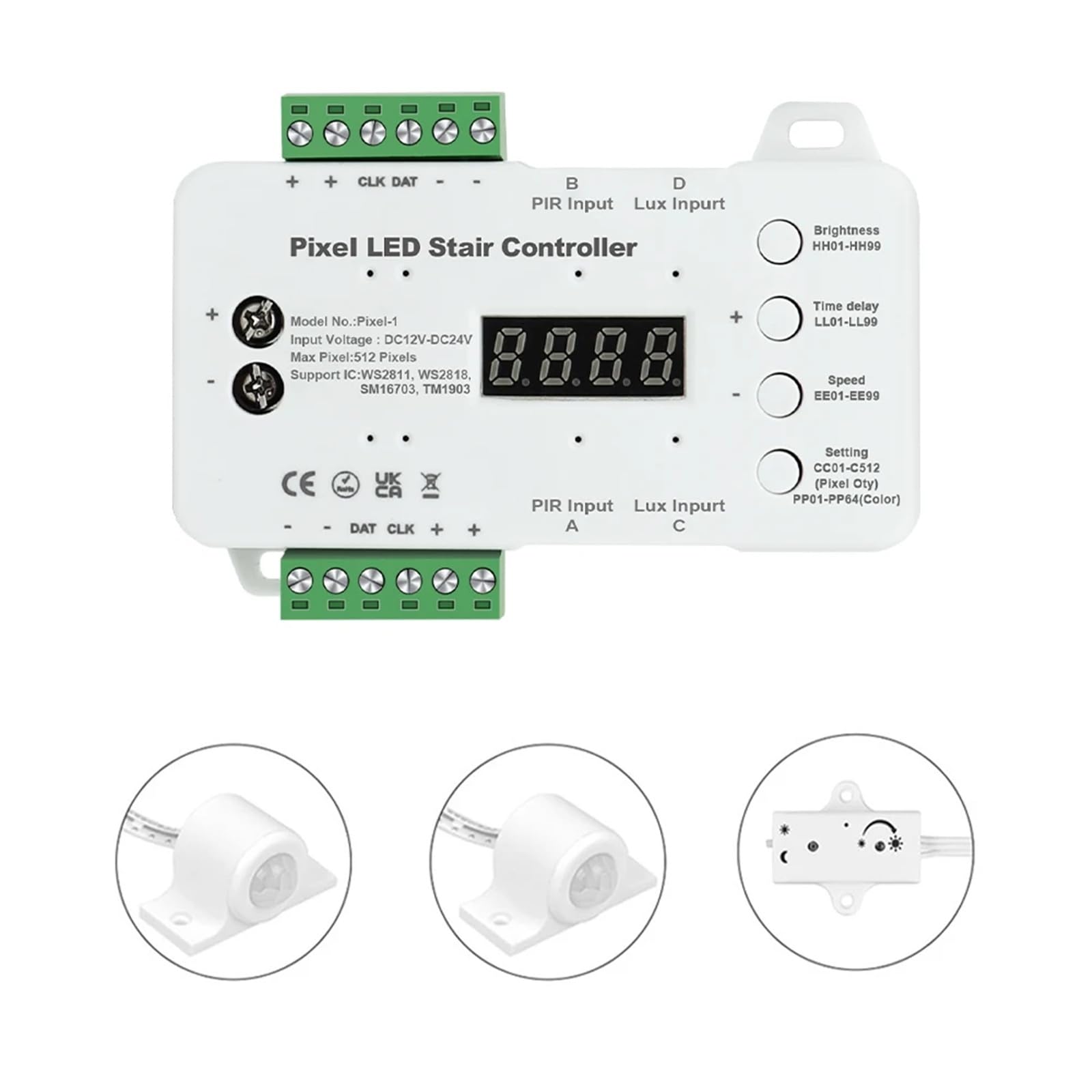 Tira de luces LED Color sueño, Sensor movimiento, luz escalera direccionable, controlador píxeles SPI, flujo carrera, cinta for escaleras RGB(Controller Only)