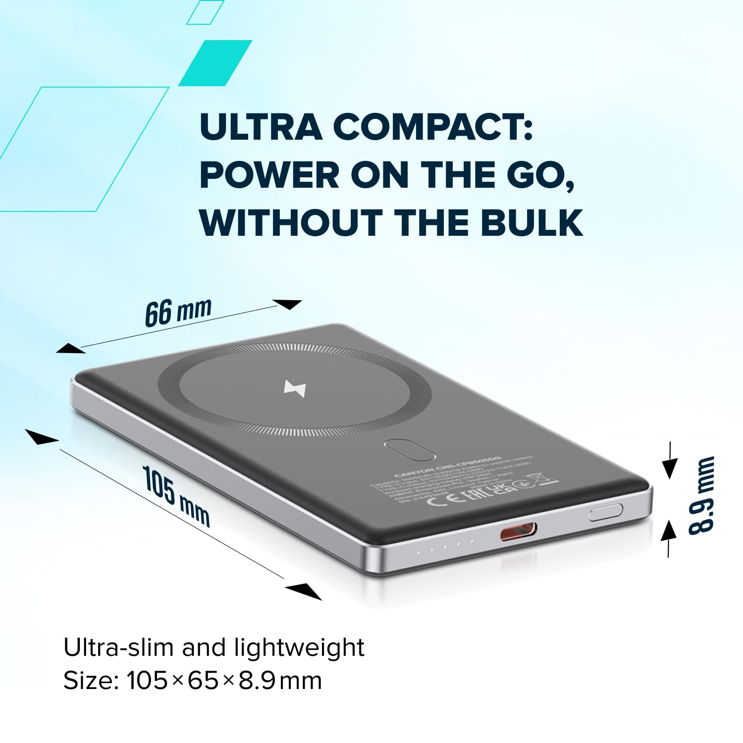 CANYON OnPower 500 Batterie externe magnétique 5000 mAh, PD 20 W USB-C, charge sans fil 10 W, compatible MagSafe, aluminium ultra fin, gris étoile