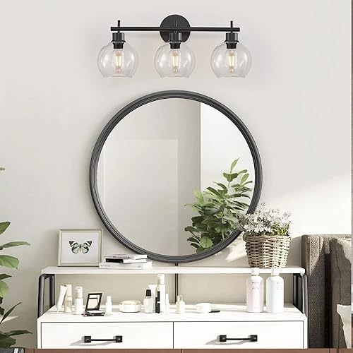 Miniatura 7 de Seteline Luces de tocador de baño de 3 luces, lámparas de baño negras con pantallas de globo de vidrio transparente, accesorio de iluminación de