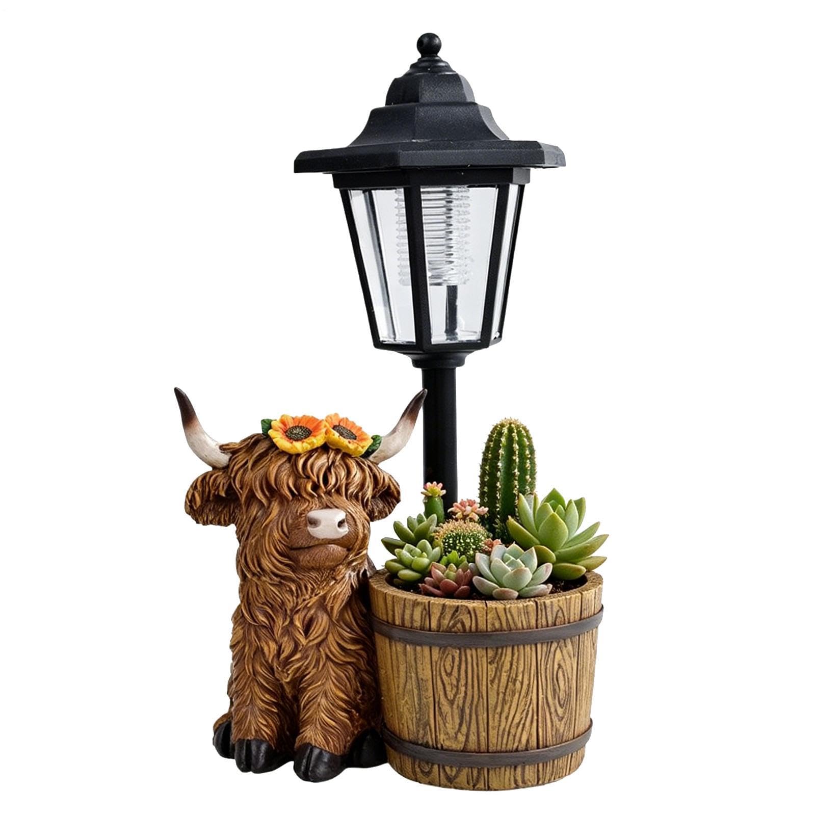 Lantern with Planter - Highland Cow Powered Light | Cow Garden Decor with Flower Pot | Outdoor Garden Light Planter for Patio Yard Lawn Porch Front Door Back Door Farmhouse Decor