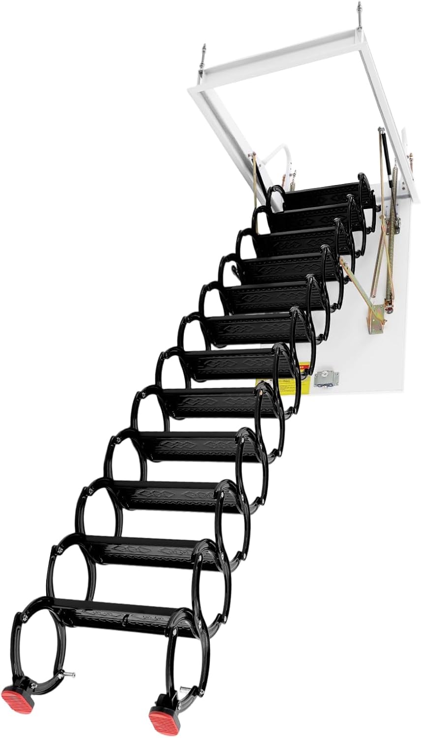 12 Steps Attic Ladder,11.48FT 661.39Lbs Pull Down Folding Ladder,Wall-Mounted Folding Stairs Attic Ladders,Ceiling Mount Retractable Loft Ladders with PVC Base and Non-Slip Rubber Feet