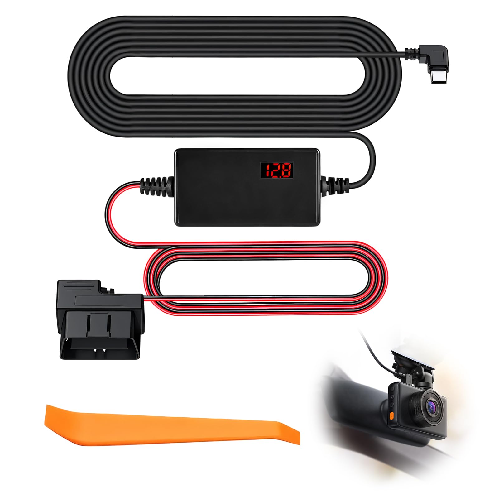 Dash Cam Hardwire Kit USB C To OBD, 12V-24V To 5V Low Voltage Protection | 3 Stage Protection, LCD Display, Parking And ACC Mode, Suitable For Dash Camera, Automobiles And GPS Devices