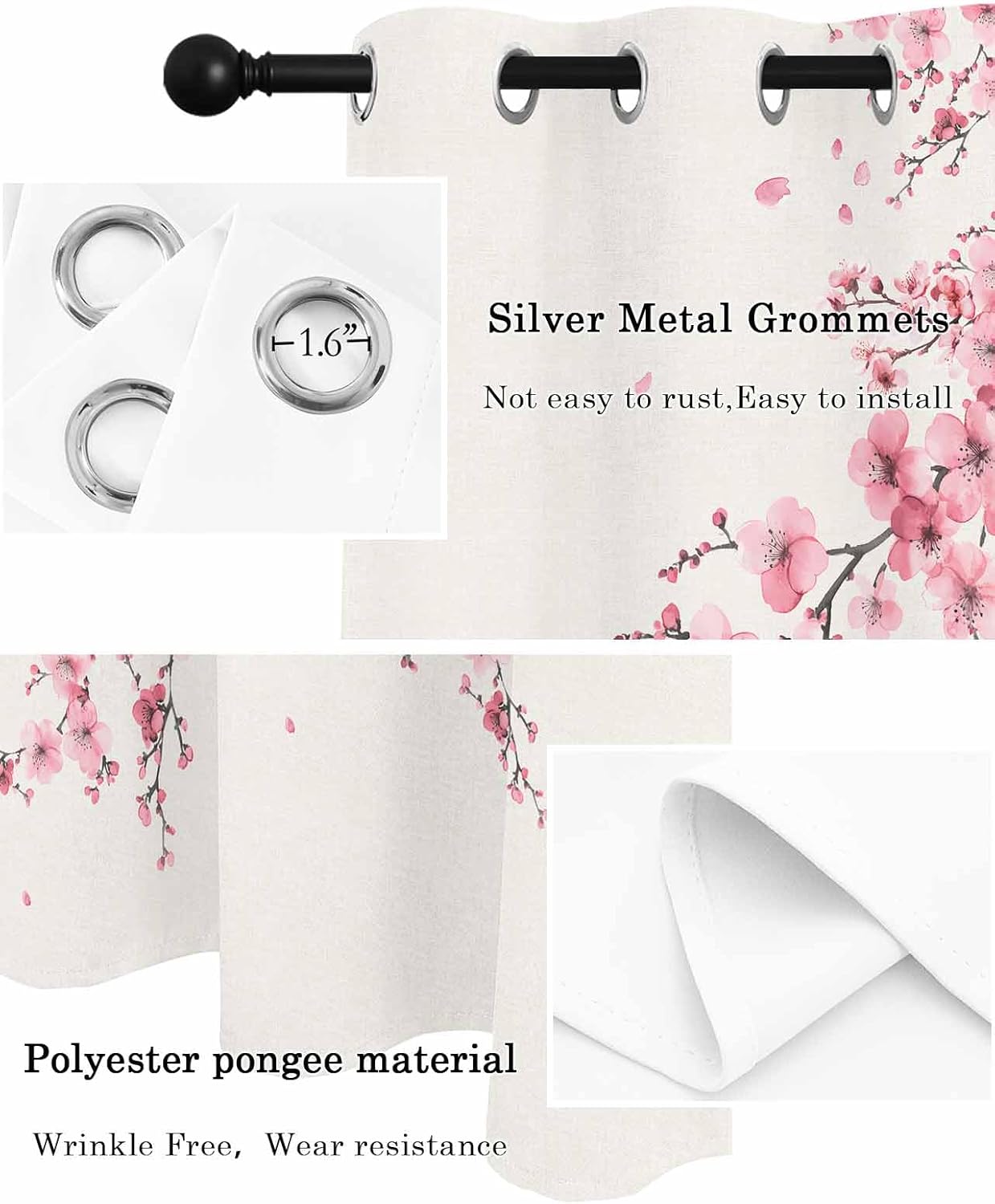 BEMIGO Country Cherry Blossoms Window Curtains 96 Inch Length Single Panel Curtains, Light Filtering Privacy Door Window Curtain with Grommets for Living Room Bedroom Bathroom Kitchen, Pink Flower