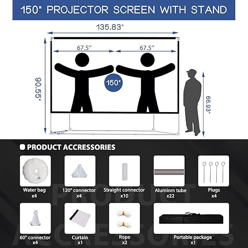Miniatura 16 de Pantalla de proyector para exteriores con soporte de 100 pulgadas: Pantalla de proyección portátil para películas de patio trasero en casa de cine