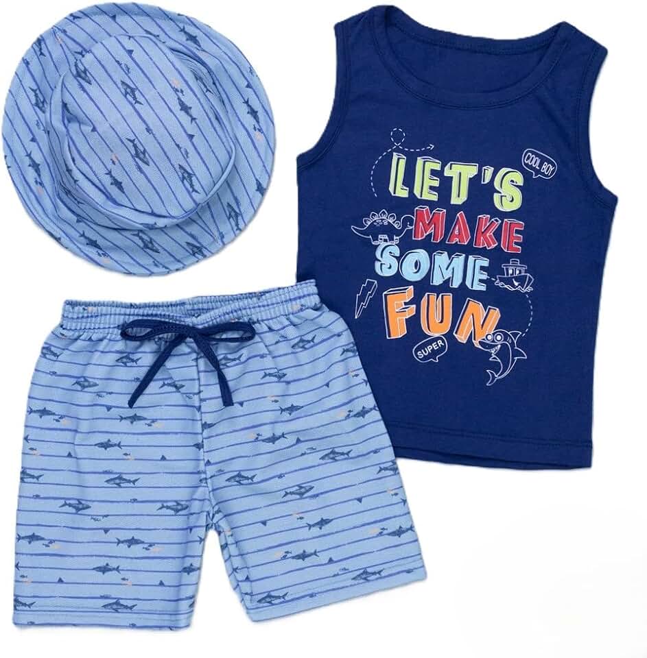 Kit Infantil Verão com Regata Algodão Macio, Bermuda Fresca e Chapéu Protetor – Loja Era Uma Vez – Cores e Tamanhos