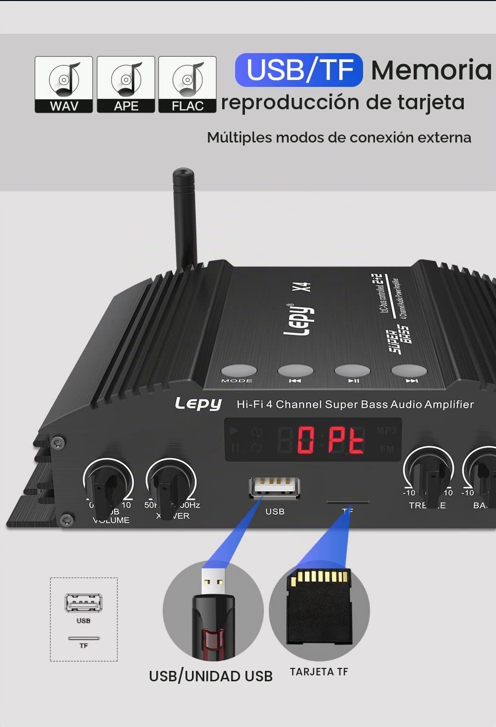 LP-X4 5.0 Bluetooth Amplificador de Potencia Fibra óptica Entrada coaxial 2.1 Amplificador de Potencia Doble Salida de subwoofer 4x60w Cuatro Canales con Fuente de alimentación 5A