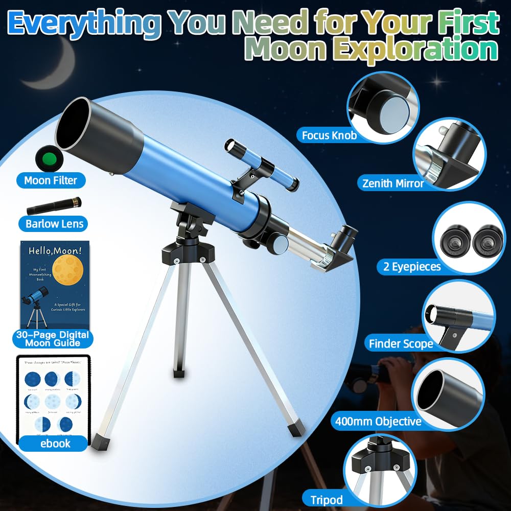 Telescopio astronómico para niños de 8 a 12 años con trípode, para principiantes, apertura de 50 mm, regalo educativo para niños y niñas de 6 a 12 años, portátil, 2 oculares 20X-66X