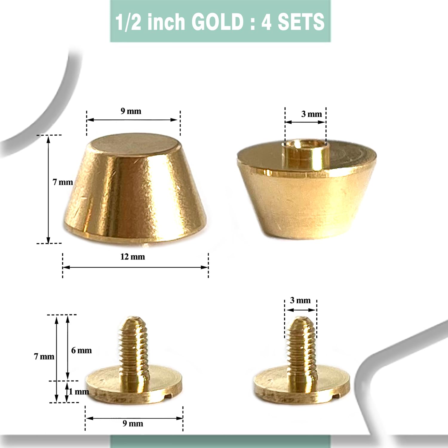 Honigo 8 Pack Rivets Stud Handbag Purse Feet 1/2 inch Gold Flat Head Metal Solid Brass Studs Screw Back Feet 12mm Buckle Spikes Leathercraft for Leather Bag Totes DIY Craft
