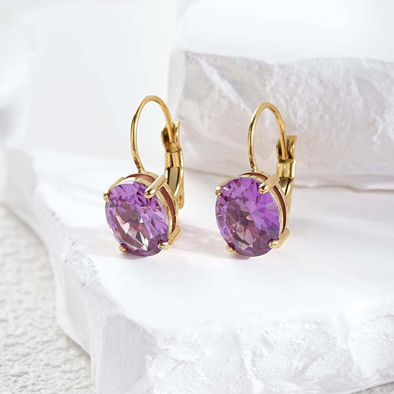 Cut-Oval Birthstone Leverback Earring for Women 18k Gold Electroplated Hanging Lever Drop Earring Oval Synthetic Gemstone CZ Earring Jewelry Birthday Gift for Her - Image 3