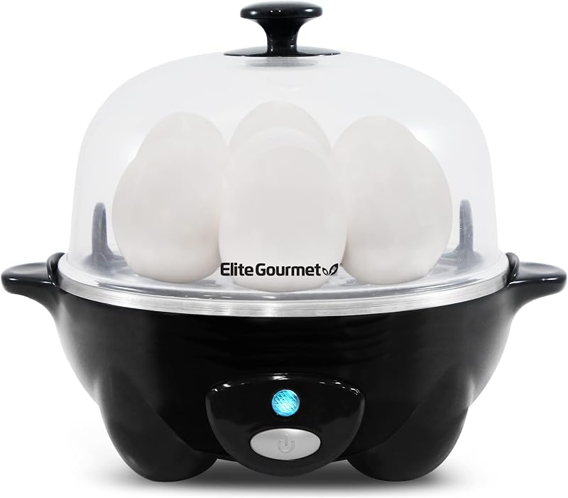 Elite Gourmet EGC-007B Rapid Egg Cooker, 7-Egg Poacher/Omelet Maker, Black | Easy-to-peel hard, medium, or soft-boiled eggs - auto shut-off, alarm, 16-recipe booklet included
