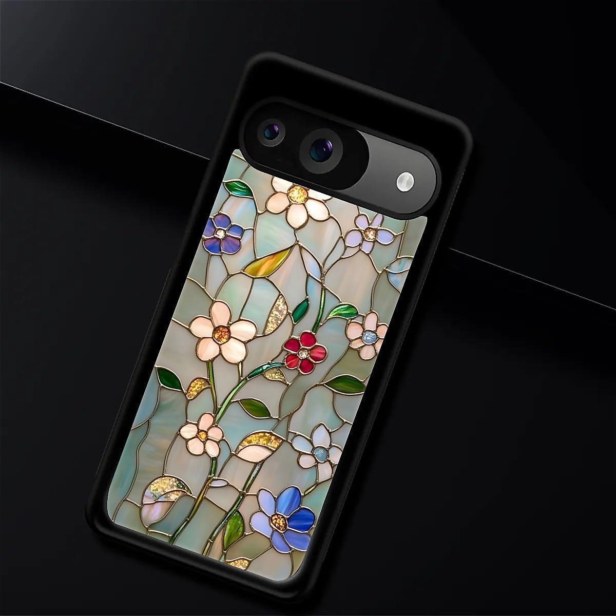 Compatible with Google Pixel 9/9 Pro Case,Flexible Shock-Absorbing Silicone TPU and Silicone Non-Slip for Google Pixel 9/9 Pro Spring Floral Flower Stained Glass Mosaic Boho Botanical Pattern image 2