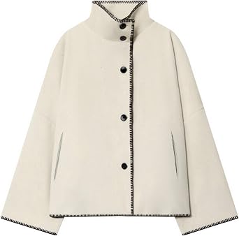 Womens Cropped Wool Jacket Oversized Stand Collar Crop Pea Coat | 2 Pockets, Wool Blend, Contrast Stitching, Side Slits, Sterling Wool Button Front Jacket Outerwear for Fall Winter and Travel