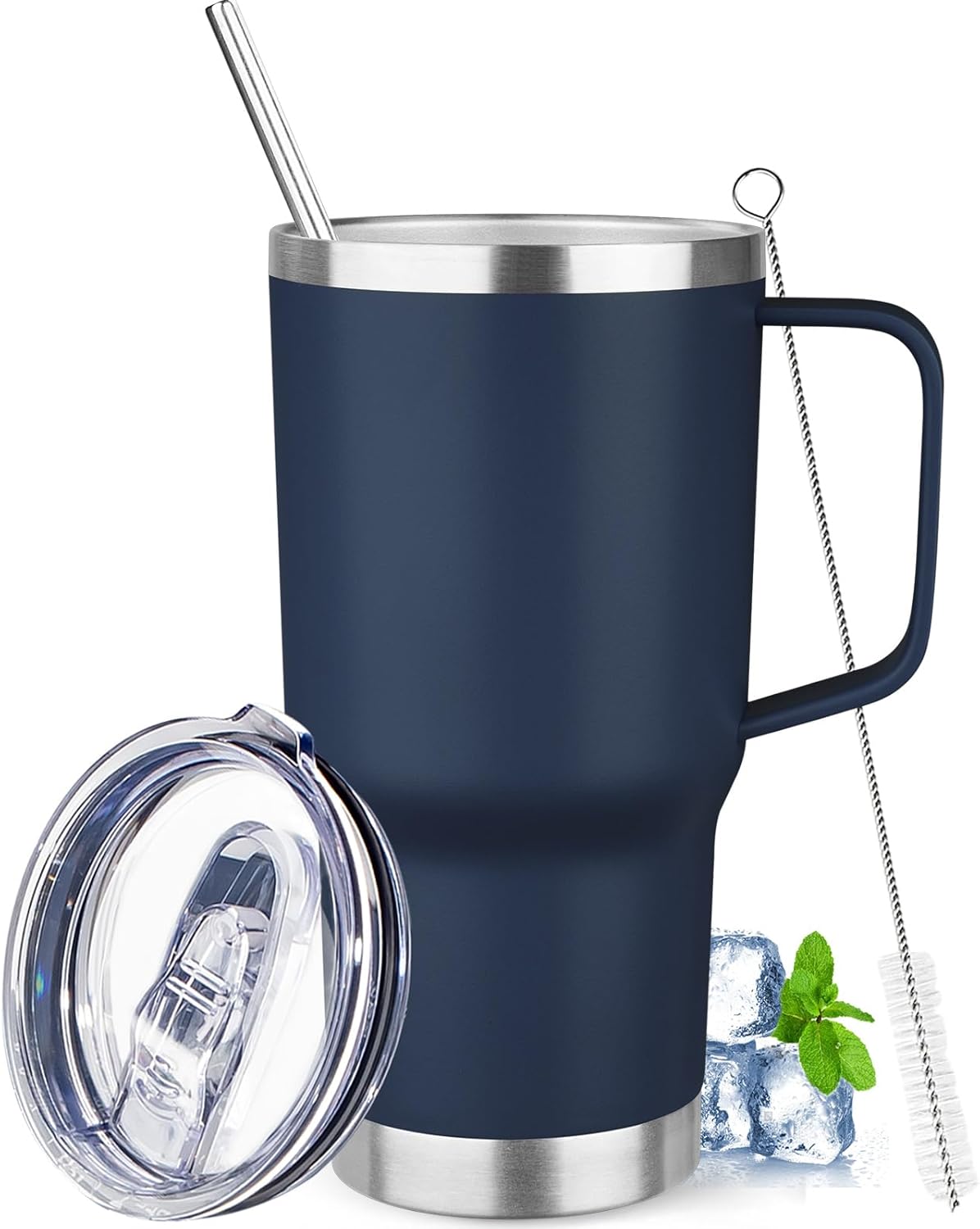 20 oz Tumbler with Handle Stainless Steel Insulated Coffee Mug Tumbler with Lid and Straw Double Wall Vacuum Insulated Coffee Mug Leak Proof Travel Mug Tumbler for Hot and Cold Drink (Navy Blue,1pack) Navy Blue 1