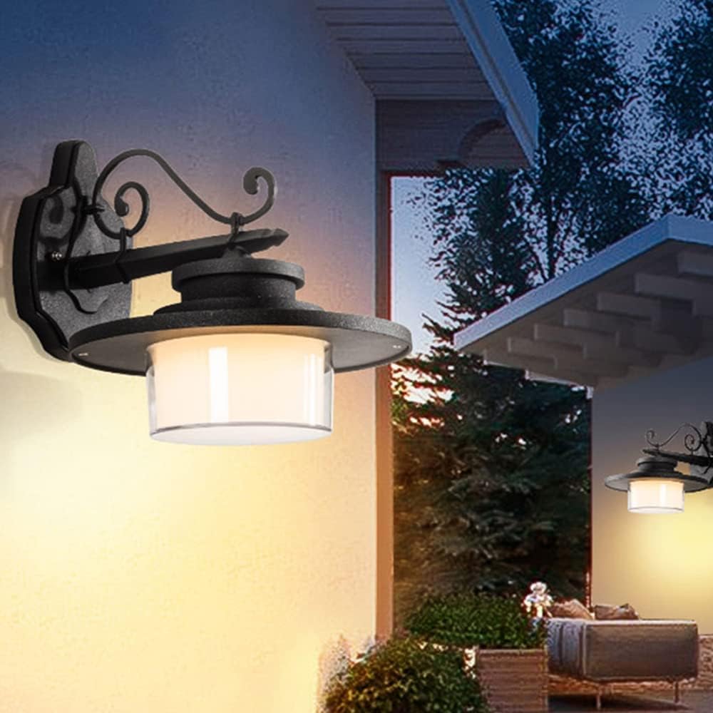Farol LED de 12 W para Porche, Aplique de Pared Exterior Negro, Resistente al Agua, lámpara de Pared Blanca con Cristal opalino, Estilo Moderno de Mediados de Siglo, para Patio, iluminación