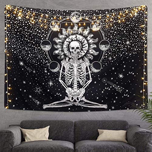 Skull Tapestry Meditation Skeleton Wall Hanging Tapestry, Chakra Starry Tapestry-Black and White Stars, Mural for Bedroom, Living Room, Dorm, Home Decoration