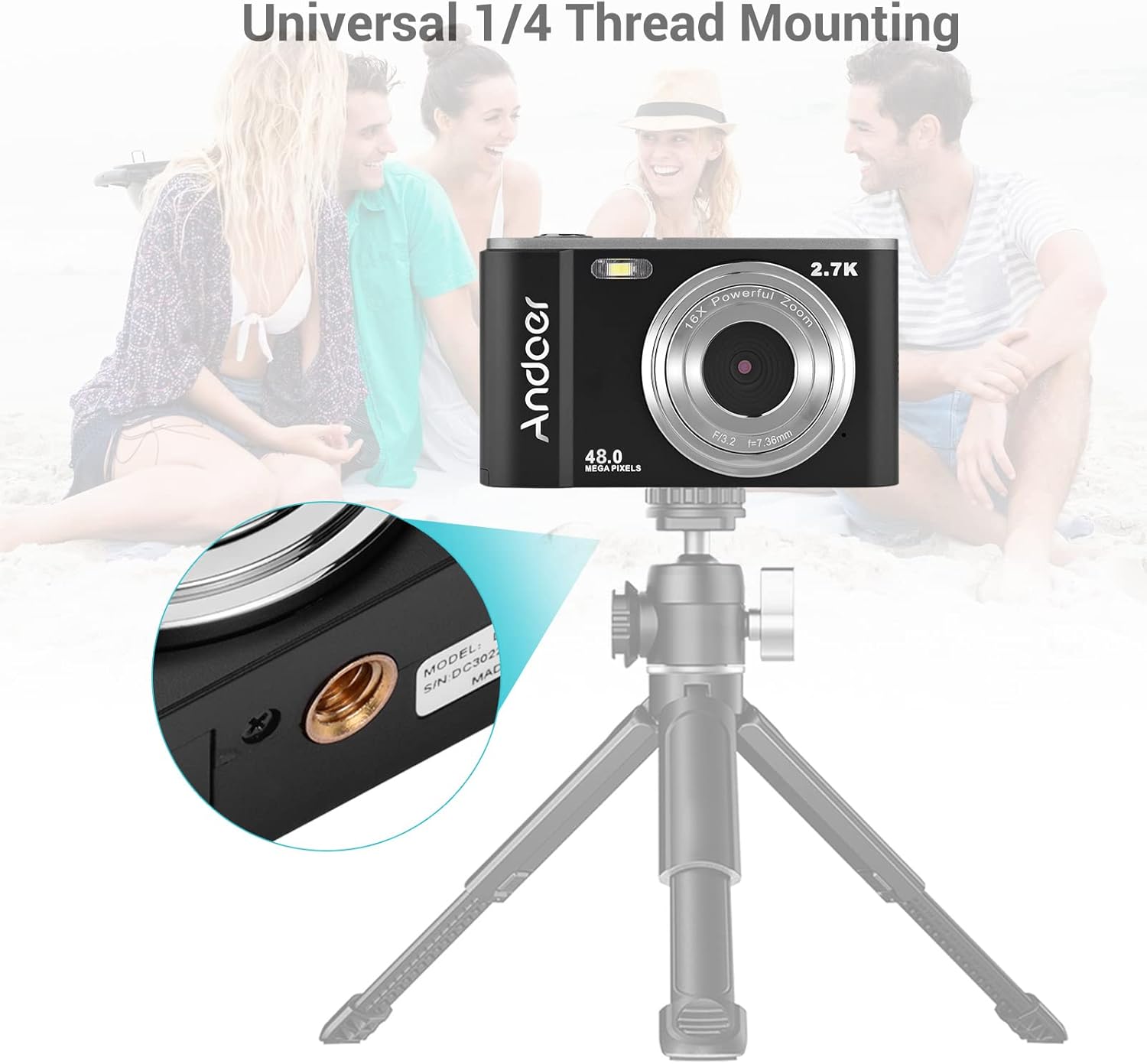 Contents of the Andoer Digital Camera package, including the camera, USB cable, hand strap, carry pouch, two batteries, and the user manual.