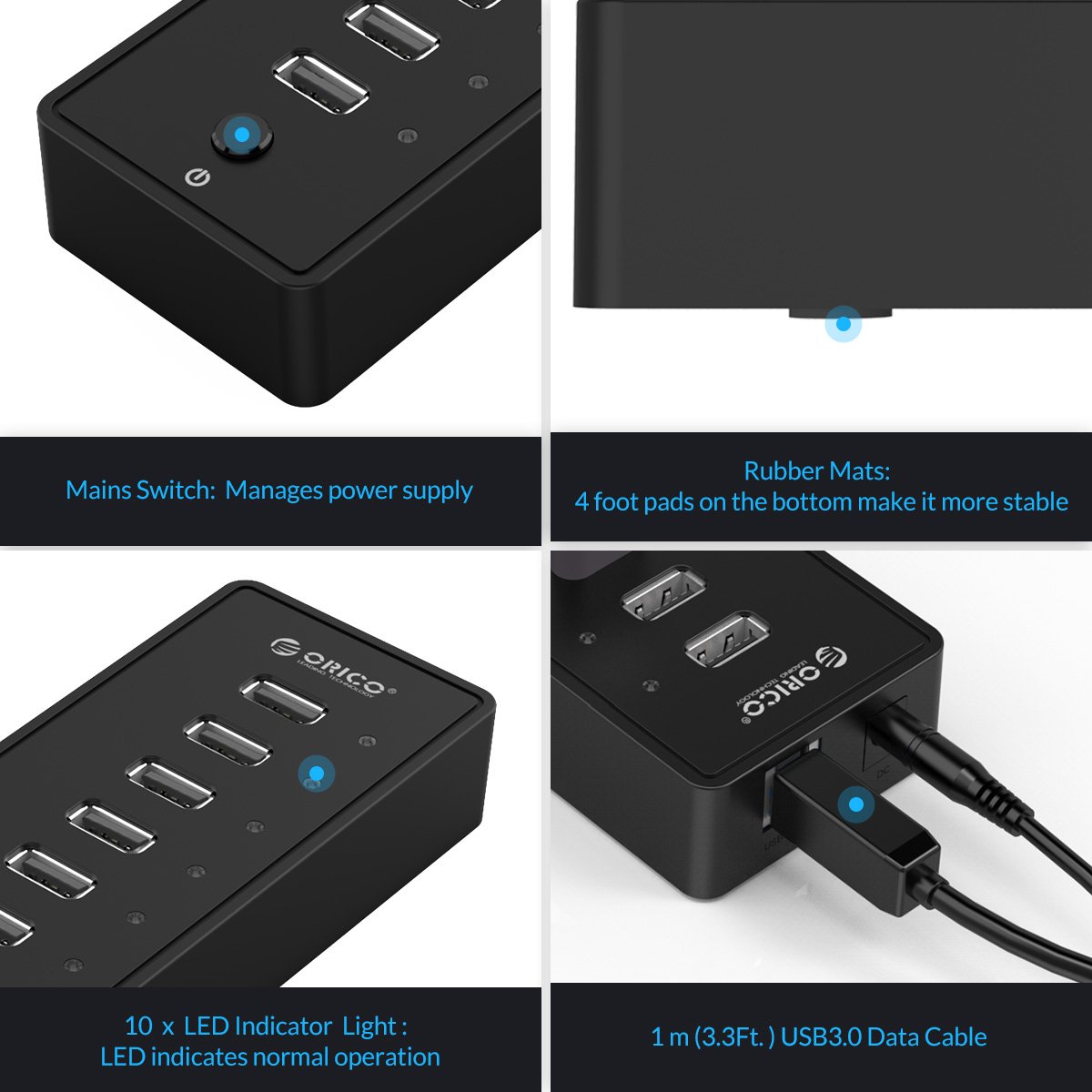 ORICO Koncentrator USB 2.0 z 10 portami i zasilaczem sieciowym 30 W, przyłącze zasilania do komputerów stacjonarnych, notebooków, MacBook iMac