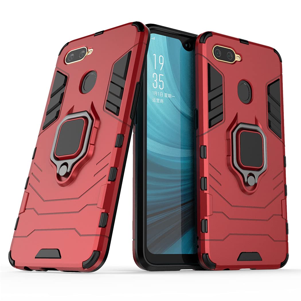 Compatible with OPPO A12, OPPO A7, AX7, OPPO A5s, AX5s Case, Metal Ring Grip Kickstand Bumper (Works with Magnetic Car Mount) Dual Layer Rugged Cover (Red)