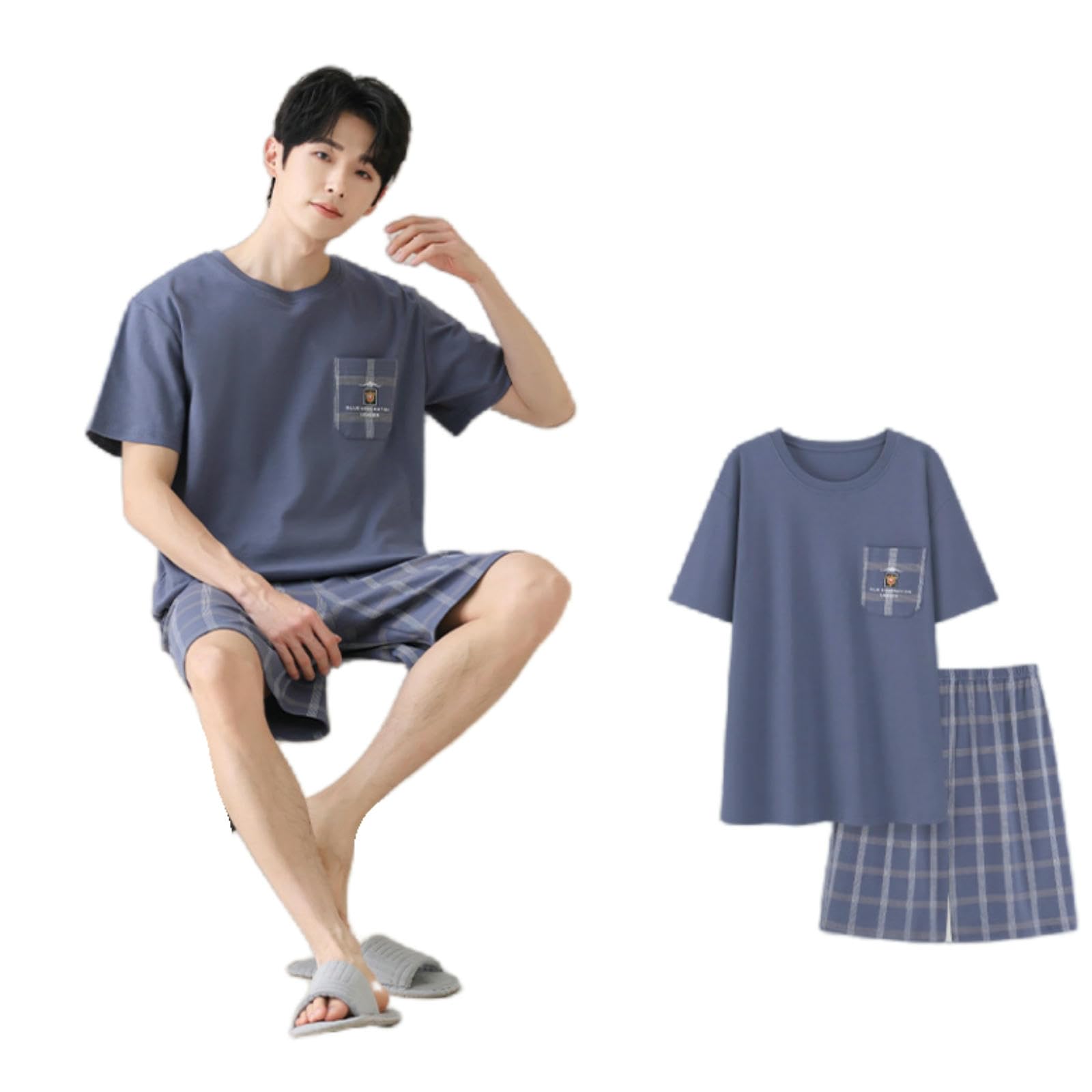 Pigiama Uomo Estivo Posuto da in Cotone Mobile Maschile più Dimensioni Summer Youth Home Abiti A Due Pezzi Set Pezzi-blu-5xl