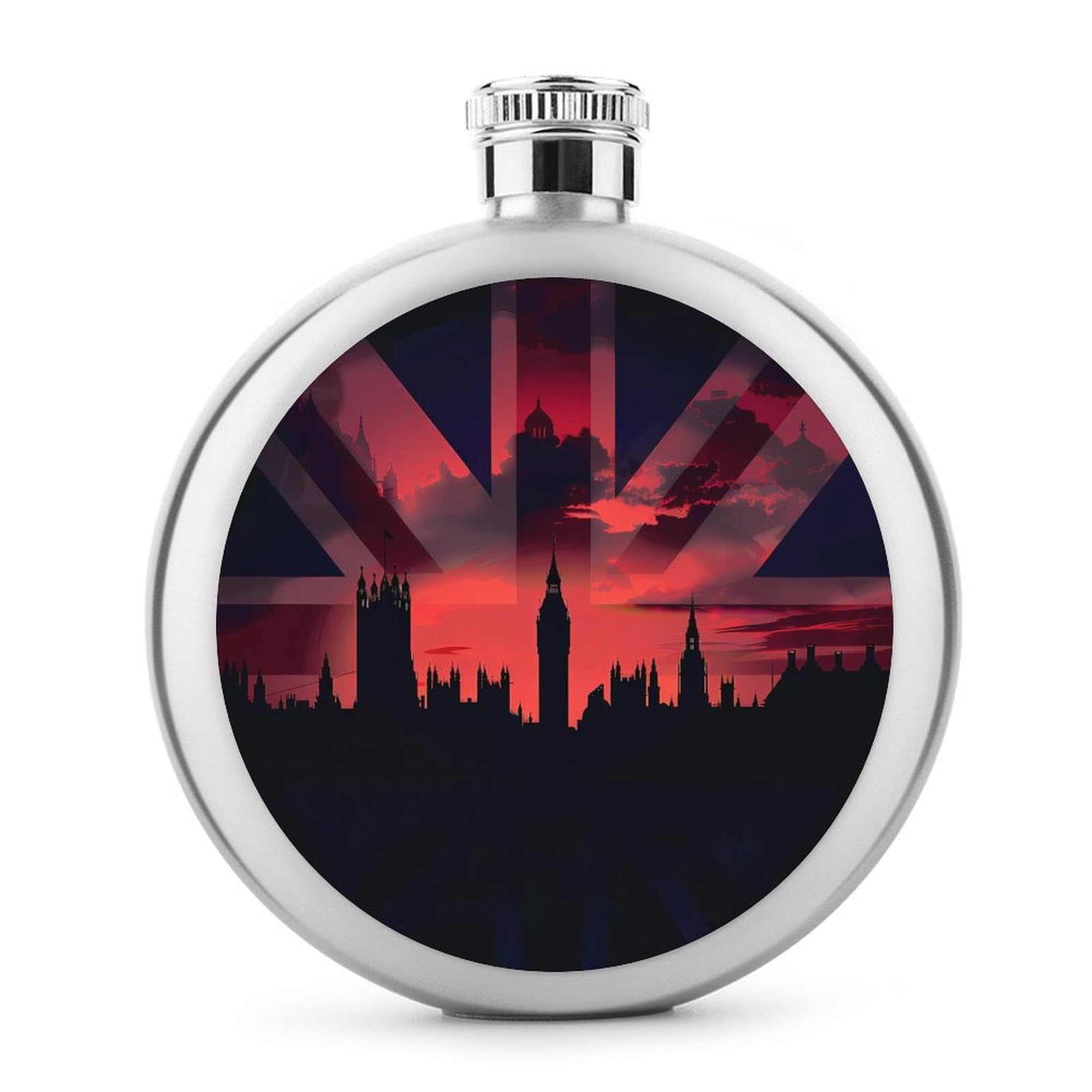 Houses of The Parliament Silhouette on UK Flag Historic Urban Skyline Classic Hip Flasks for Liquor 5 Oz Stainless Steel Wine Flask Reusable Flask for Men Women