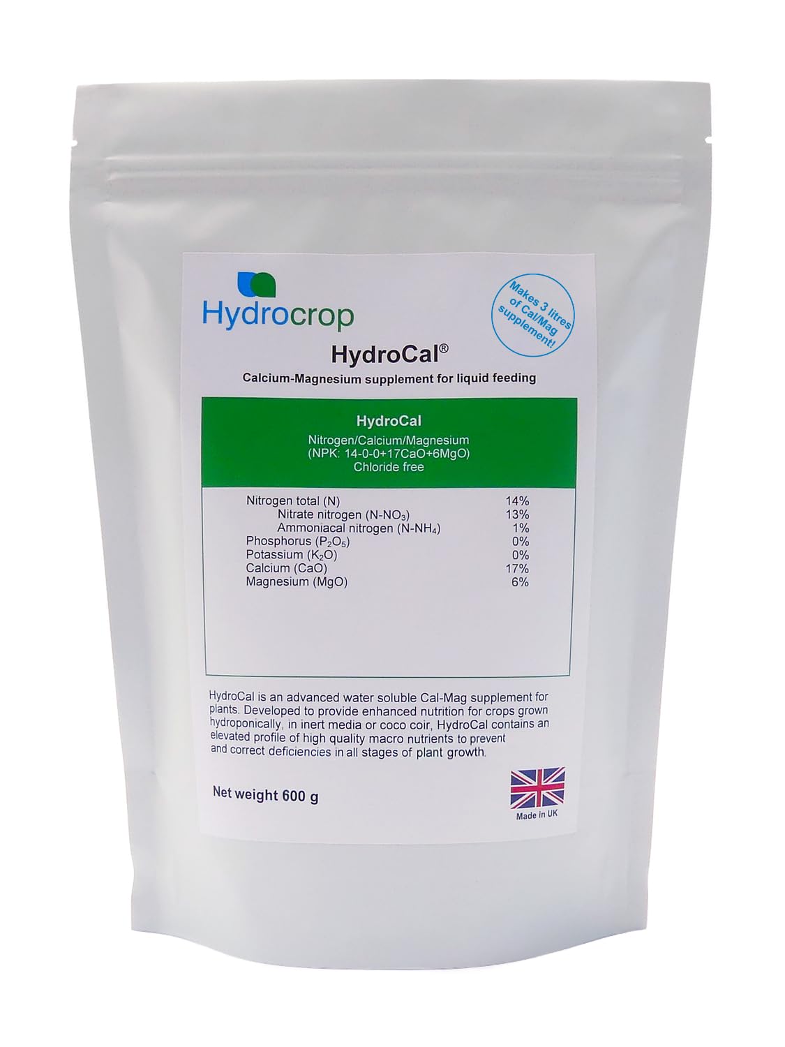 Hydrocrop Soluble Dry Powder Hydroponics/Coco Calmag Additive Calcium Magnesium Boost (1.2kg HydroCal)
