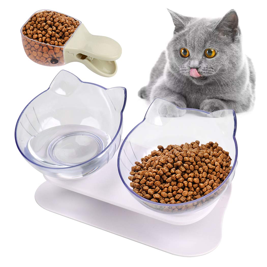 JoyibayCat Bowls, Double Cat Bowl with Raised Stand 15° Tilted Non-slip Cat Feeding Bowl with Food Scoop, Food Bowl for Cats and Little Dogs