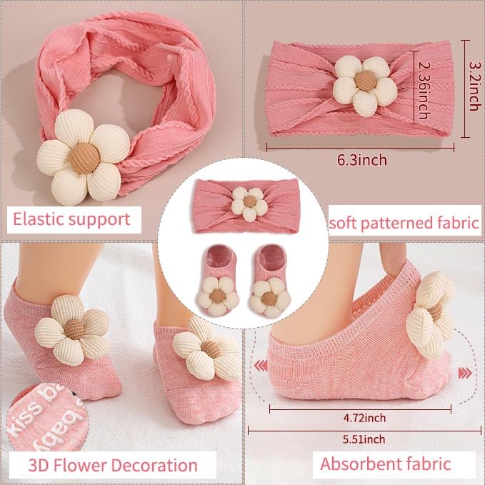 Baby Girl Cute Headband & Socks Combo - Non-Slip Floral Grips Socks & Soft Flower Nylon Hairbands, Essential Hair Accessories for Kids Infants (1-3 Years, Pink Beige khaki)