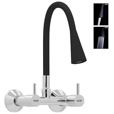 KCS - Brass Kitchen Sink Mixer Tap - Hot and Cold Kitchen Tap - with 360 Degree and Flexible Dual Flow Matt Black Silicone Swivel Spout - Wall Mounted (Chrome, FLORA-SMBDF-006)