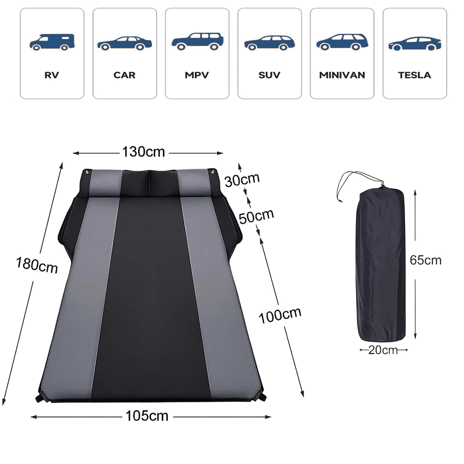Materac samochodowy SUV, materac do bagażnika samochodowego dla 2 osób, składane łóżko samopompujące z regulowaną poduszką, 5 cm, do wygodnego snu, domu, na zewnątrz i w podróży