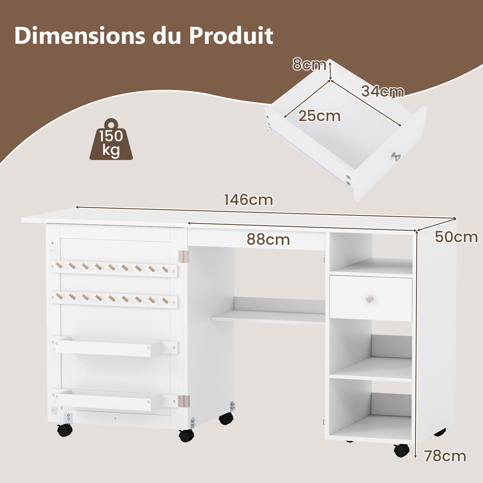 RELAX4LIFE Table de Couture Pliante - 18 Crochets, 2 Plateaux, 3 Compartiments, Tiroir, 4 roulettes Verrouillables, Table de Machine à Coudre en Bois, Meuble Couture Gain de Place pour Aiguilles Fils
