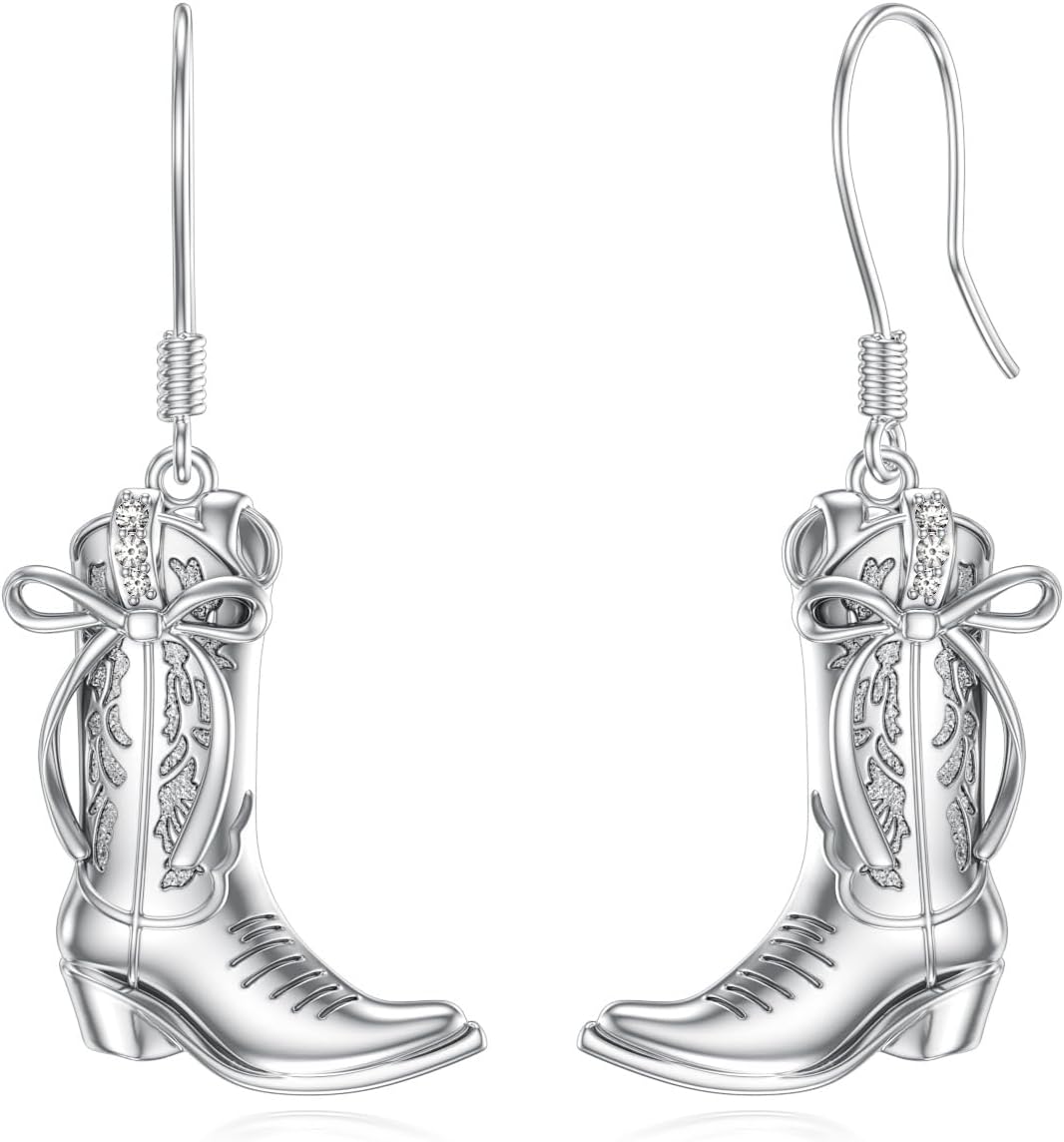 Diamond Cowboy Earrings 925 Sterling Silver Cowgirl Cowboy Boot Dangle Drop Earrings Western Country Jewelry Gifts for Women