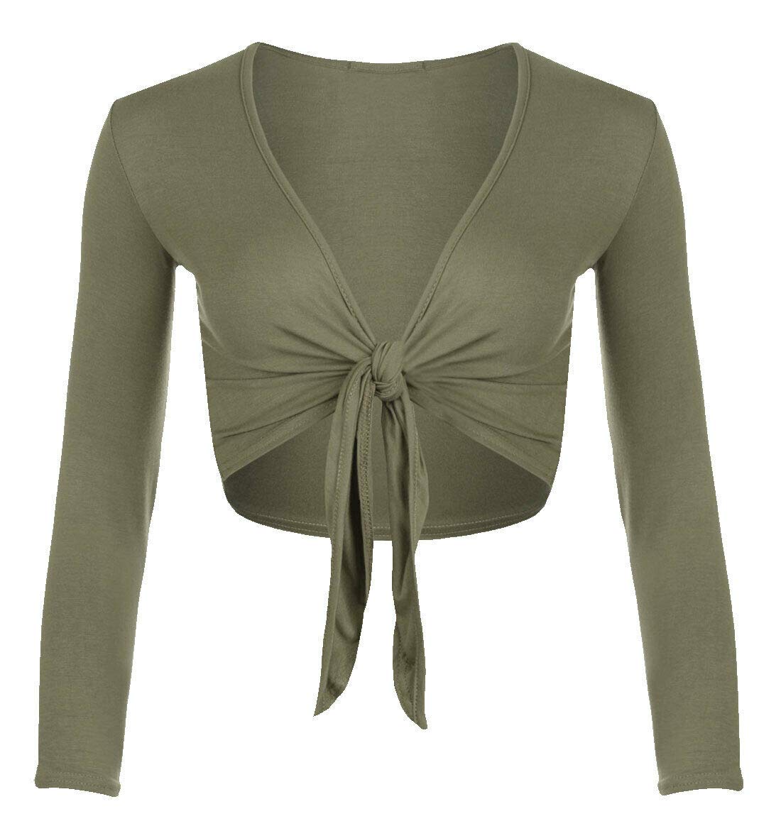 Womens Long Full Sleeves Ladies Stretch Bolero Cropped Cardigan Front Tie Knot Shrug Top Crop Bolero Shrug Size UK 8-26 (Khaki UK 20-22)