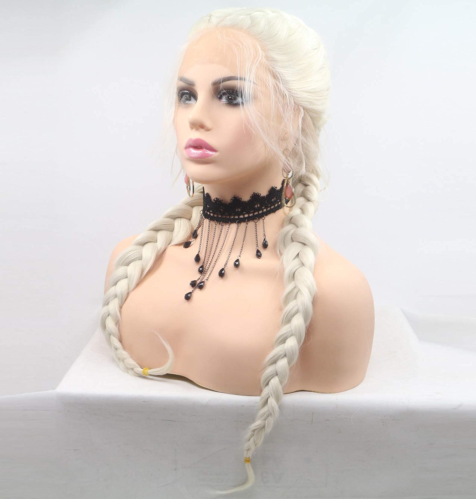 xiweiya Braided Wig Blonde White Double Braids Synthetic Lace Front Wig with Baby Hair Platinum white Heat Resistant Fiber Middle Part for Women Cosplay Makeup 24 Inches - Image 3