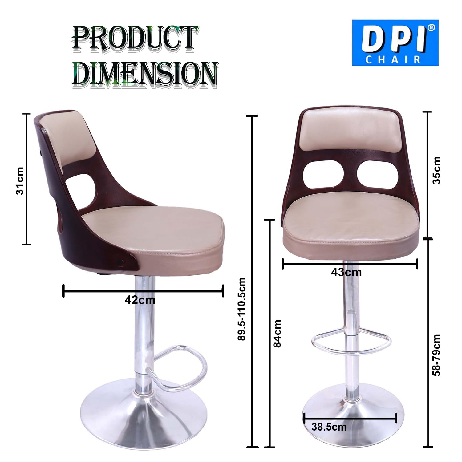 DPI Modern Bar Stools | Chair Height Adjustable Swivel Chair with Backrest Chrome Footrest for Breakfast Counter Home Kitchen Light | (Cream) 2