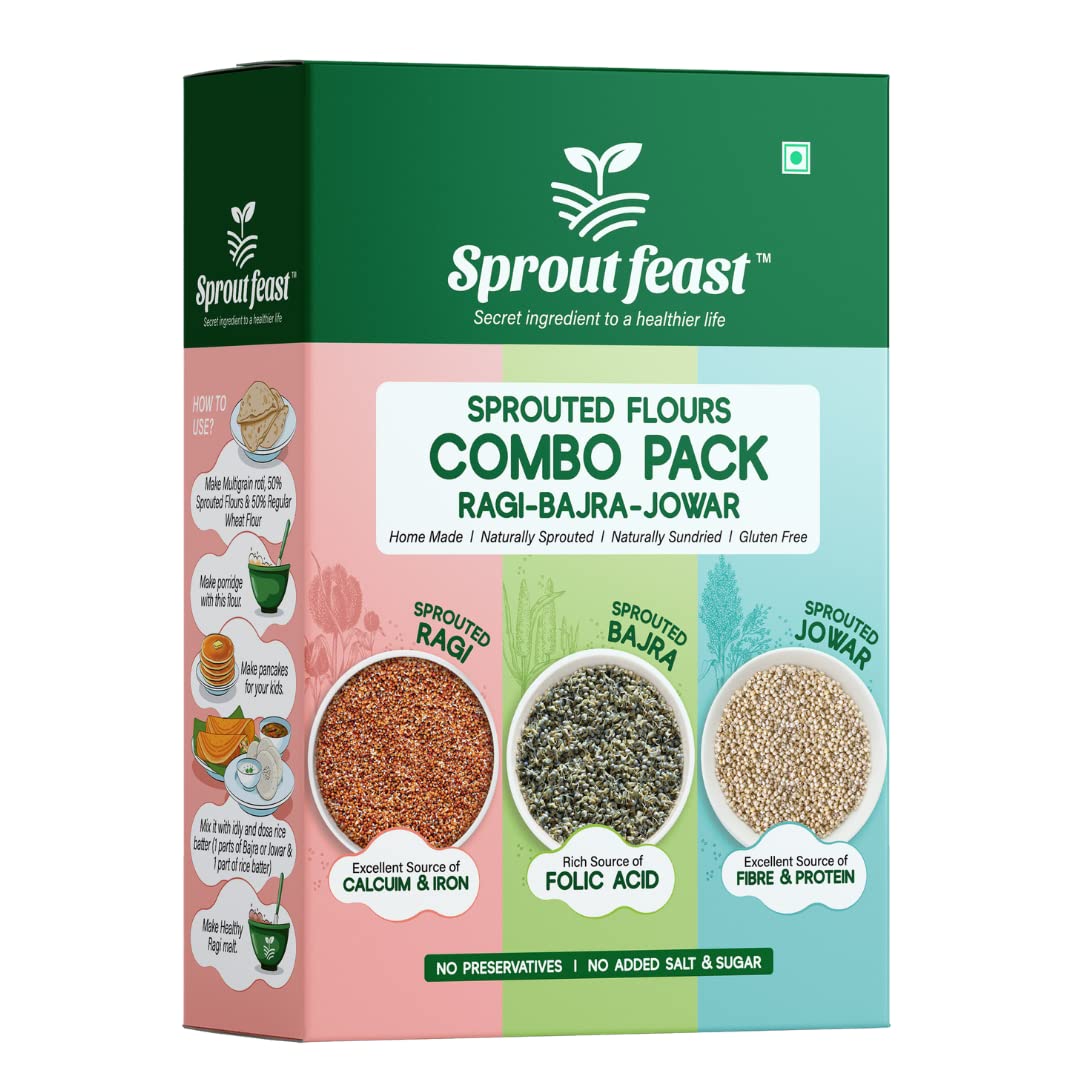 Sprouted flours Combo packs - 750G | Sprouted Ragi, Sprouted Jowar, Sprouted Bajra | 250G Each |I100% Homemade & Naturally Dried | Gluten Free |
