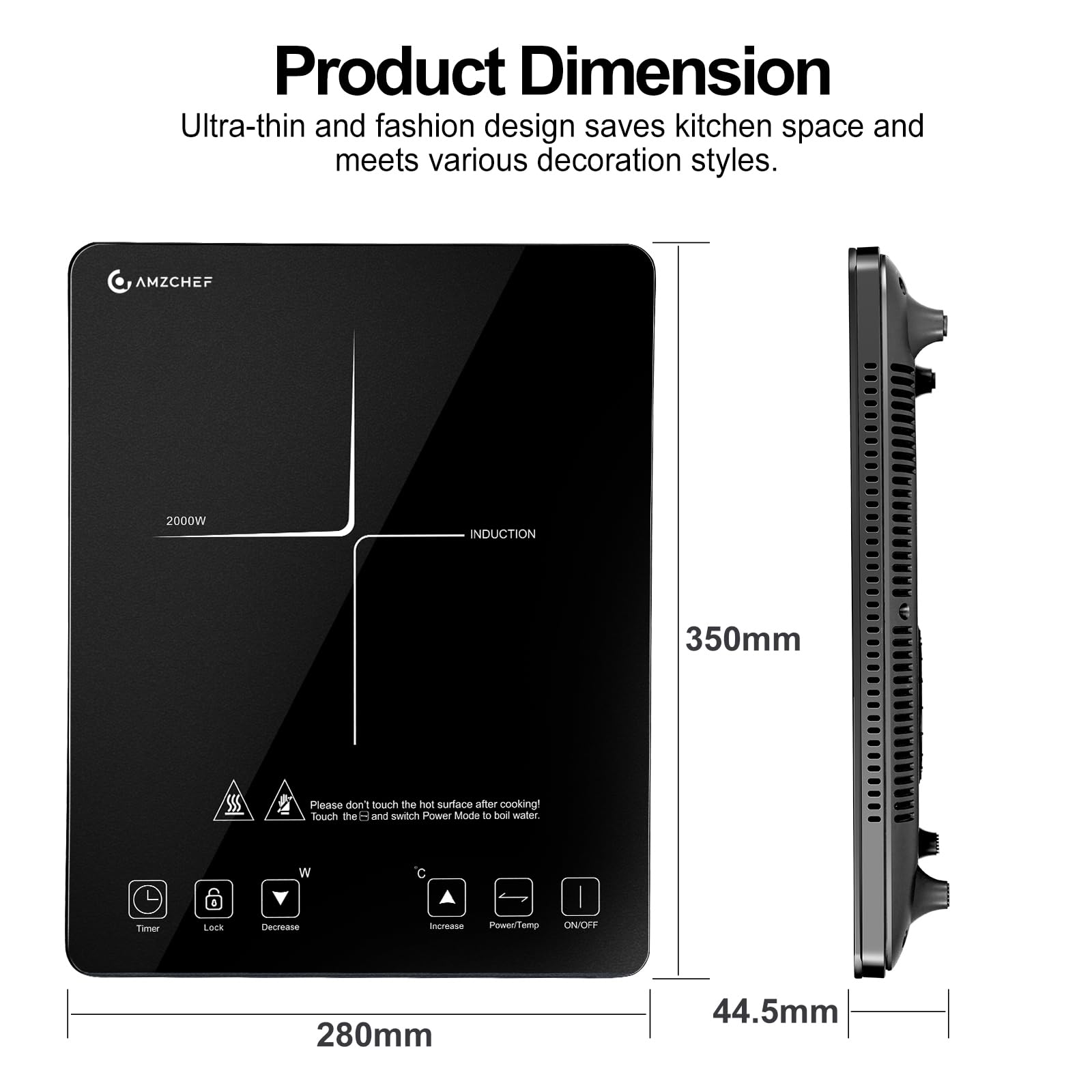 Piastra a Induzione Singolo AMZCHEF, da 2000 W con design sottile, 20 livelli di potenza, temperatura, controllo sensore tattile, timer, nero