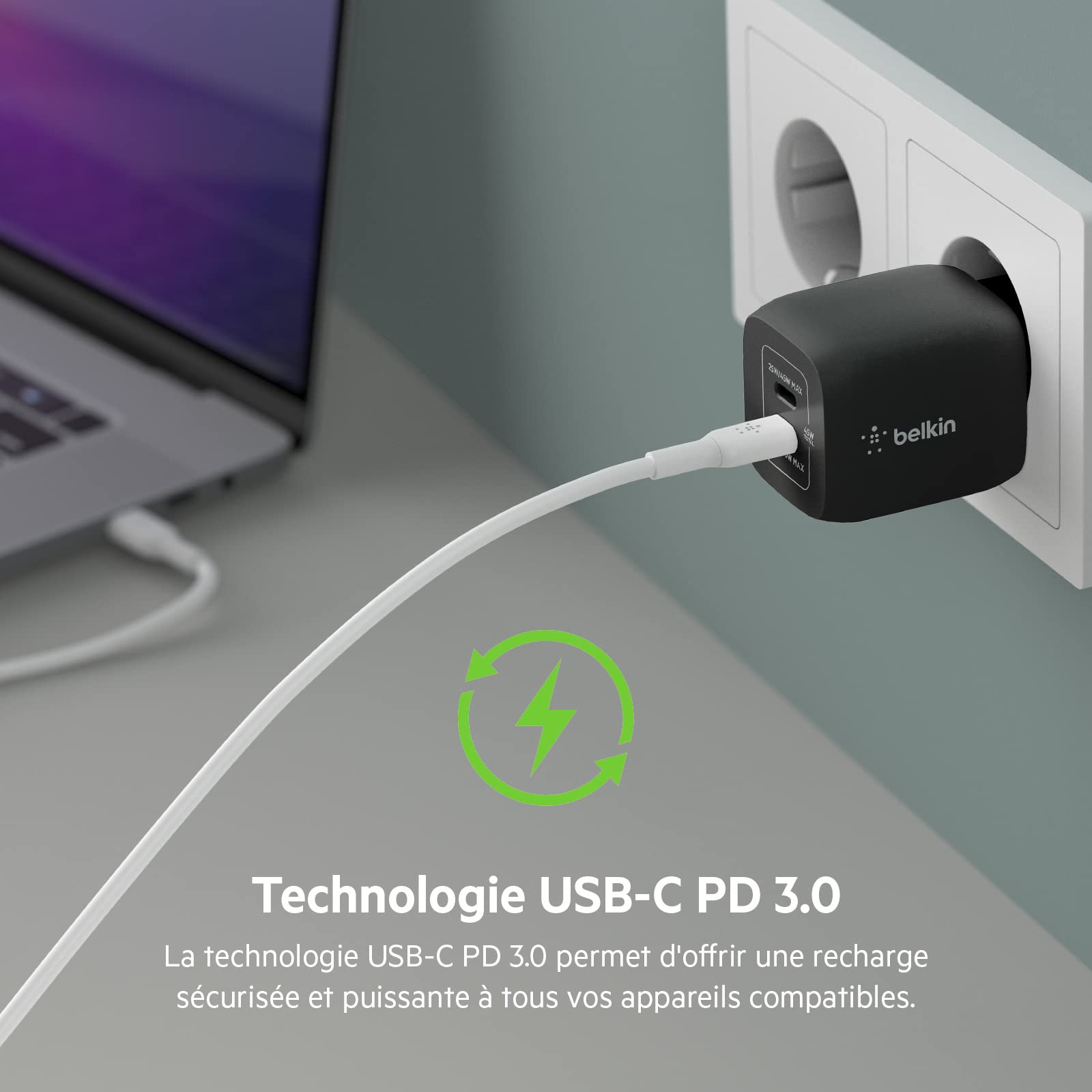 Double chargeur secteur Belkin BoostCharge Pro USB C GaN 45W Noir