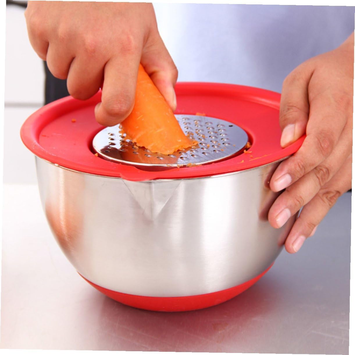 Lurrose Stainless Steel Mixing Bowls Set with Silicone Non-slip Base and Red Handles, Multi-function Salad and Dough Bowls 18cm 20cm with 2 Lettered Lids and 3 Graters for Kitchen Food