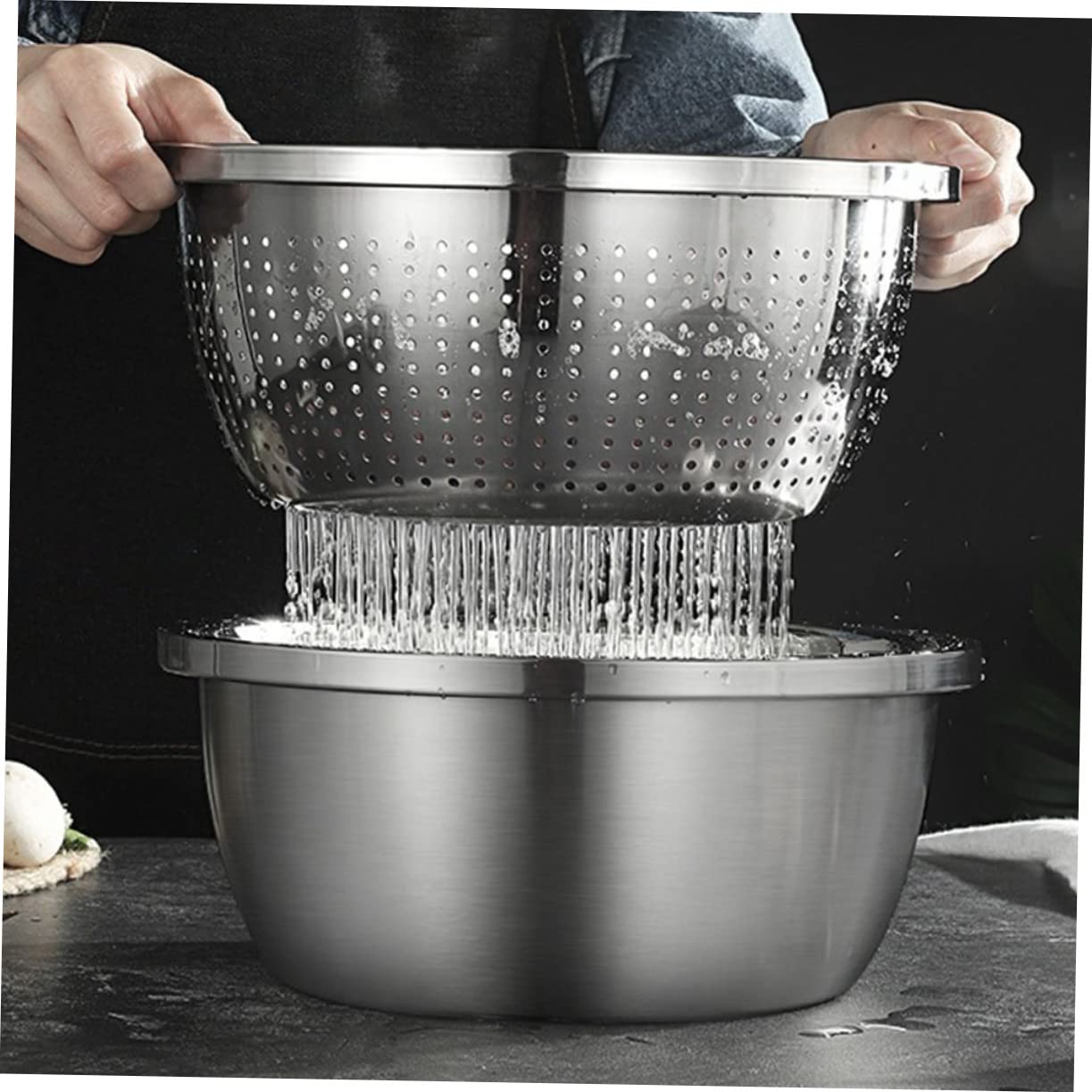 Scolapasta Multifunzionale in Acciaio Inox Doppio Strato e Design a Fori Fini, per Drenare Frutta e Verdura in Cucina Interna o Campeggio