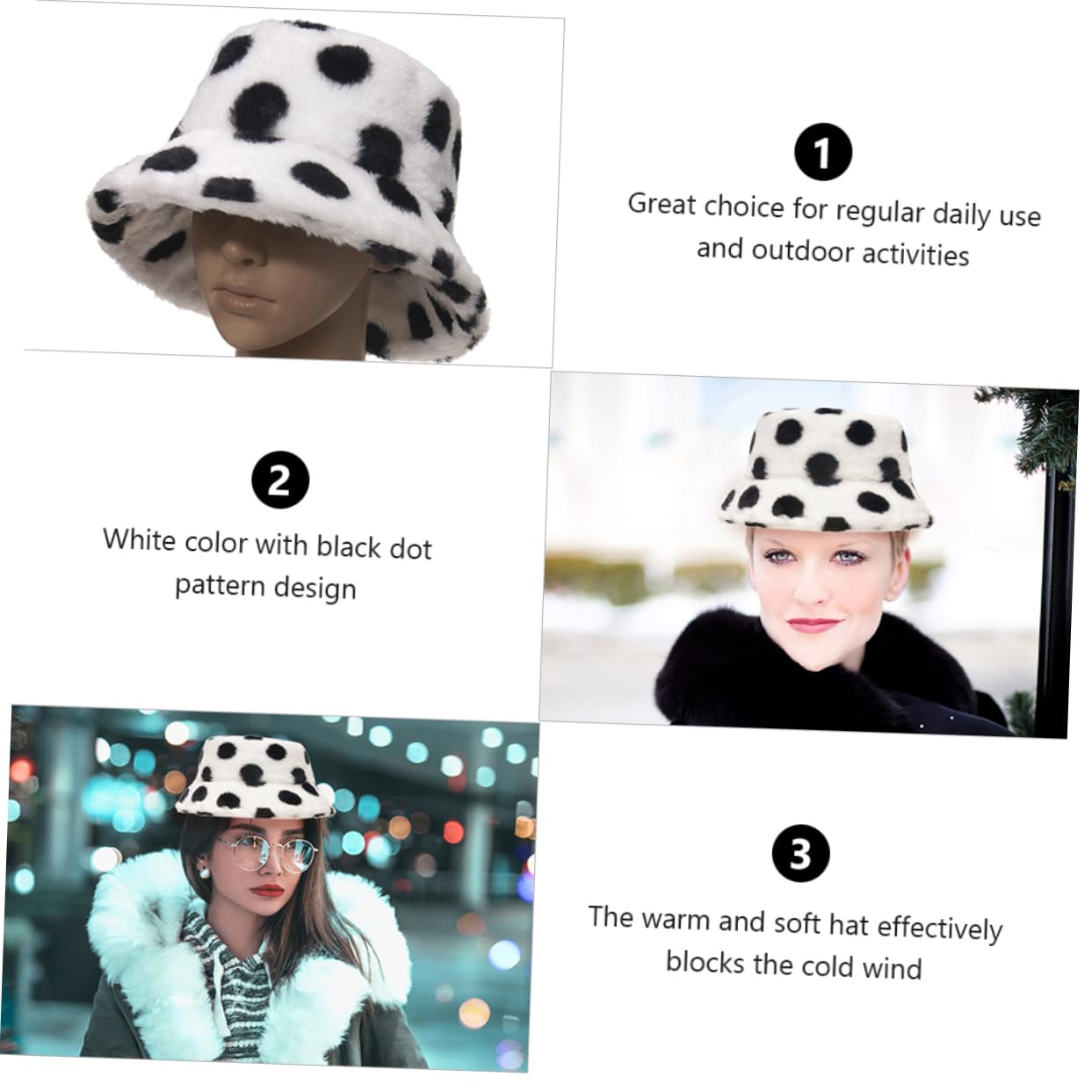 CONGARTENO 1Pc Plush Dot Pattern Fisherman Hat Warm Bucket Hat for Women Stylish Fashion Accessory Comfortable and Durable for Outdoor Activities and Daily Wear Black