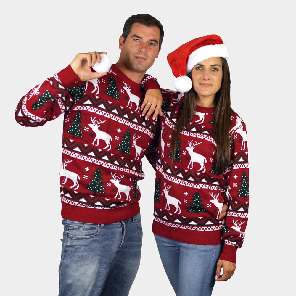 Jersey Navideño Rojo Árboles de Navidad y Renos para Mujer, Hombre y Niños